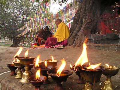 close up photograph of footed candle holders near two persons sitting beside tree
