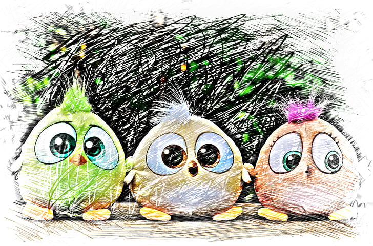 three assorted-color hatchling bird animated illustration