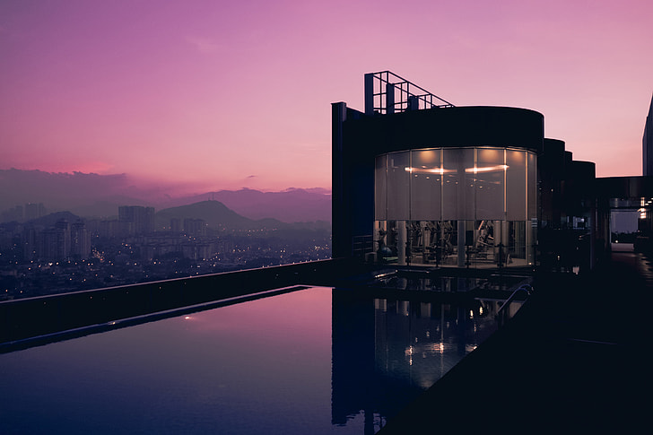 Rooftop swimming pool at sunset at a hotel in Malaysia
