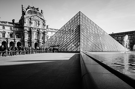 grayscale photo of Louvre Museum, Paris