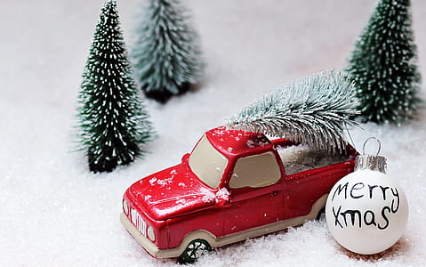 red pickup truck ornament with trees