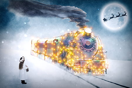 girl standing on snow-covered ground near locomotive train covered with string lights
