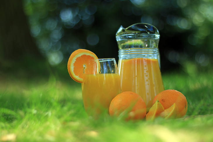 orange juice and fruits on green grass at daytime