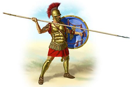 man with armor holding spear and shield illustration