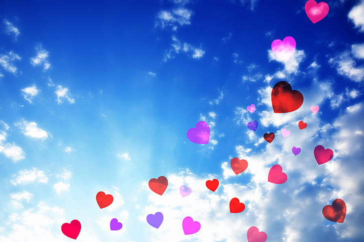 red and purple hearts illustration with white clouds background