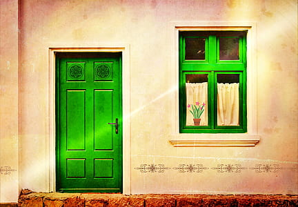 green wooden 6-panel wooden door and window