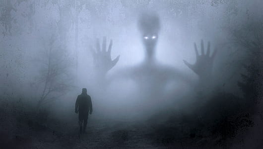 silhouette of a person with ghost and mist