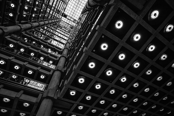 Wide-angle interior shot of the Lloyds Building in the City of London. Image captured with a Canon 5D DSLR