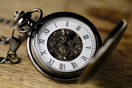 silver-colored skeleton pocket watch