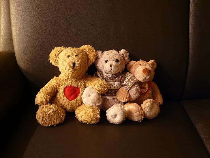three assorted-color bear plush toys on black leather sofa