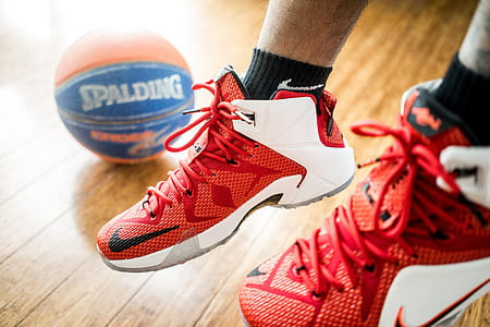 red-and-white Nike basketball shoes