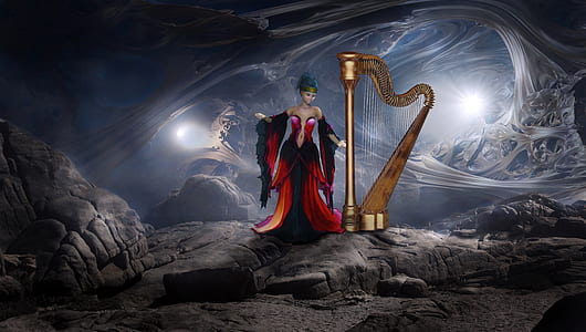 woman playing harp instrument animation