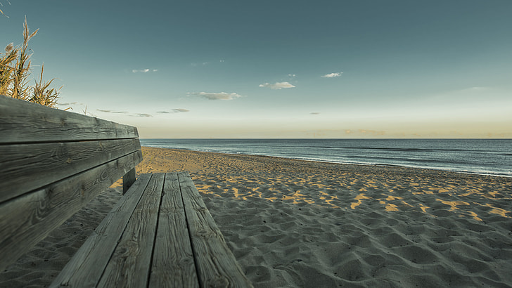 brown wooden bench in the beach