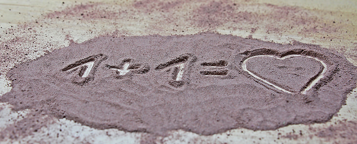 1 + 1 += heart sand art