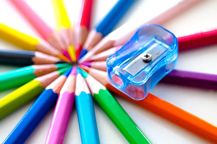 color pencil set with blue sharpener