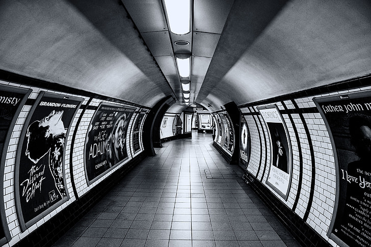 Wide angle shot taken in the tunnels on the London Underground