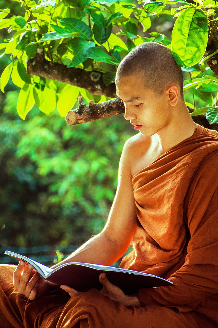 man in brown kasaya reading book under tree at daytime