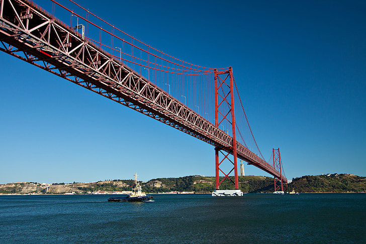 Wide-angle shot of the suspension bridge in Lisbon, Portugal