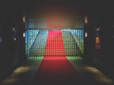 shutter, closed, red carpet, night photography, steps