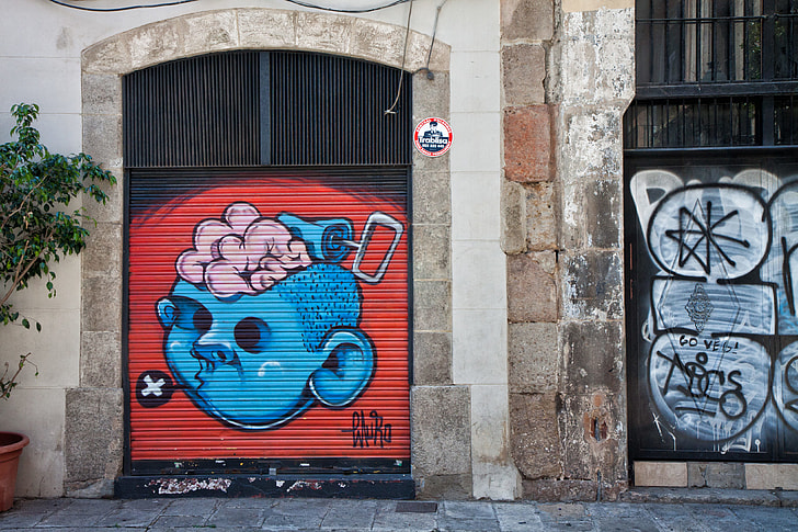 Street art captured in the Gothic Quarter of Barcelona in Spain