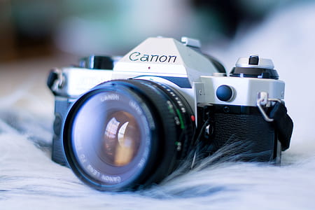 black and gray Canon DSLR camera