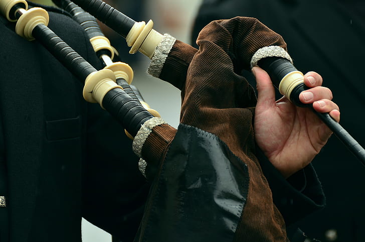 person holding brown and black bag pipe