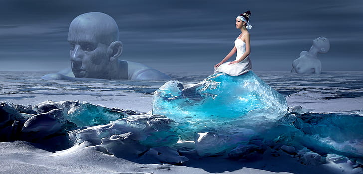 woman sitting on the blue ocean waves