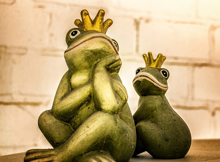 two green frogs wearing gold crowns illustration