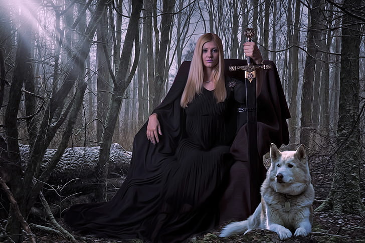 woman wearing black dress holding sword sitting beside white Siberian husky dog