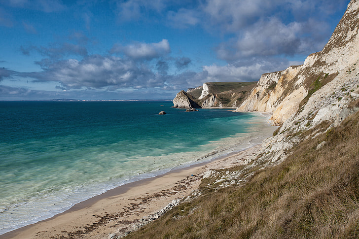 Wide-angle landscape shot of the white cliffs on the Jurassic Coast in Dorset, England