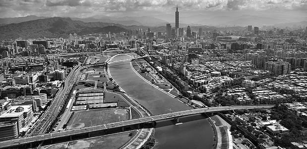 Gray Scale Aerial Photo of City