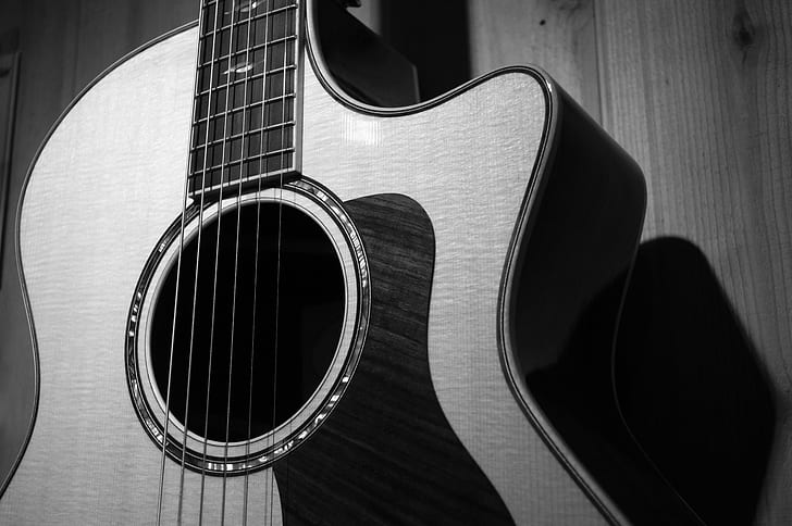 cut-away acoustic guitar grayscale photo