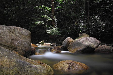 time lapse photography of river surrounded with rocks and trees