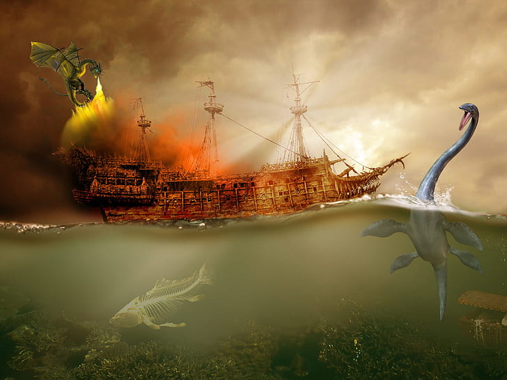 brown pirate ship surrounded with sea-creatures and dragon painting