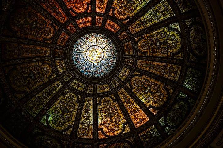 round black and gold stained glass dome building interior