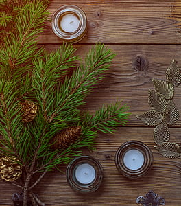 three tealight candles near branch of fir leaves with pine cones