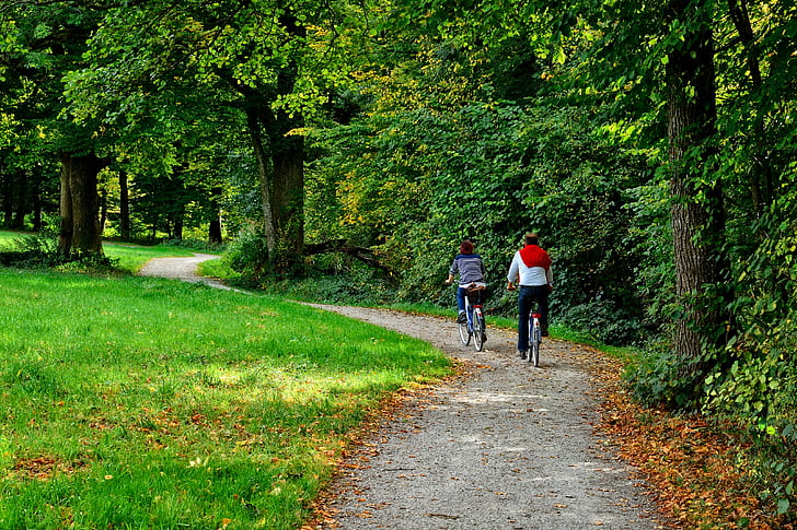 two person riding on bicycles on gray pathway
