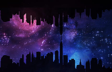 silhouette of buildings with galaxy background