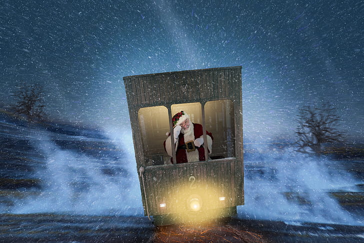 Santa Claus riding on black train graphic wallpaper