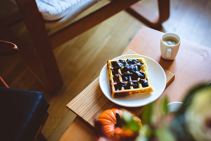 Autumn relax with waffle and coffee