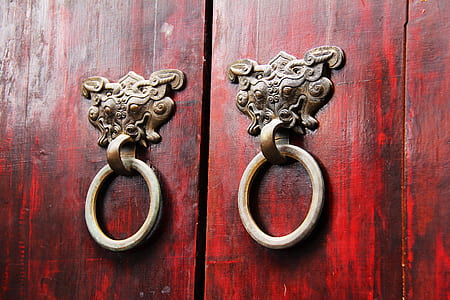 two brass-colored door knockers