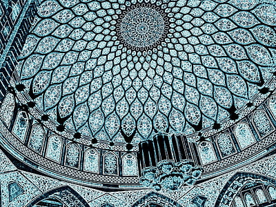 blue, white, and black floral dome structure interior