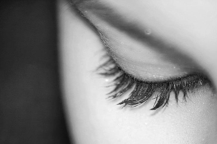 grayscale photography of person's eyelashes