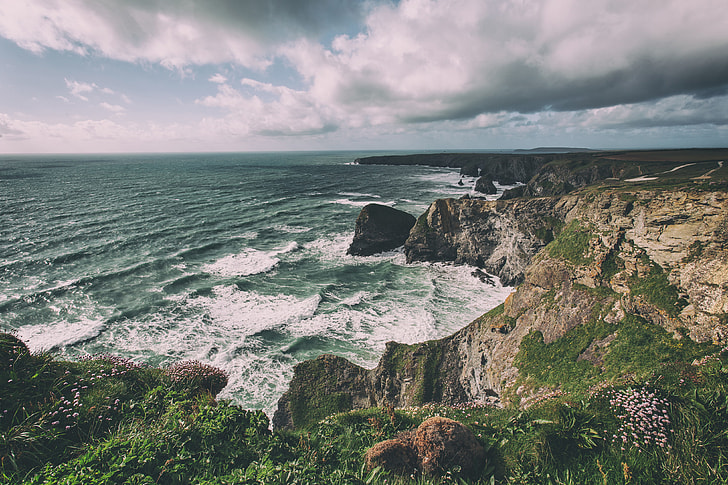 Landscape shot taken from the top the cliffs on the Cornwall, England