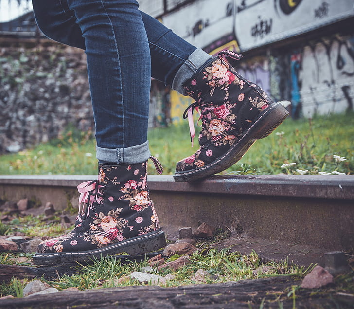 black-and-red floral Dr. Martens lace-up boots