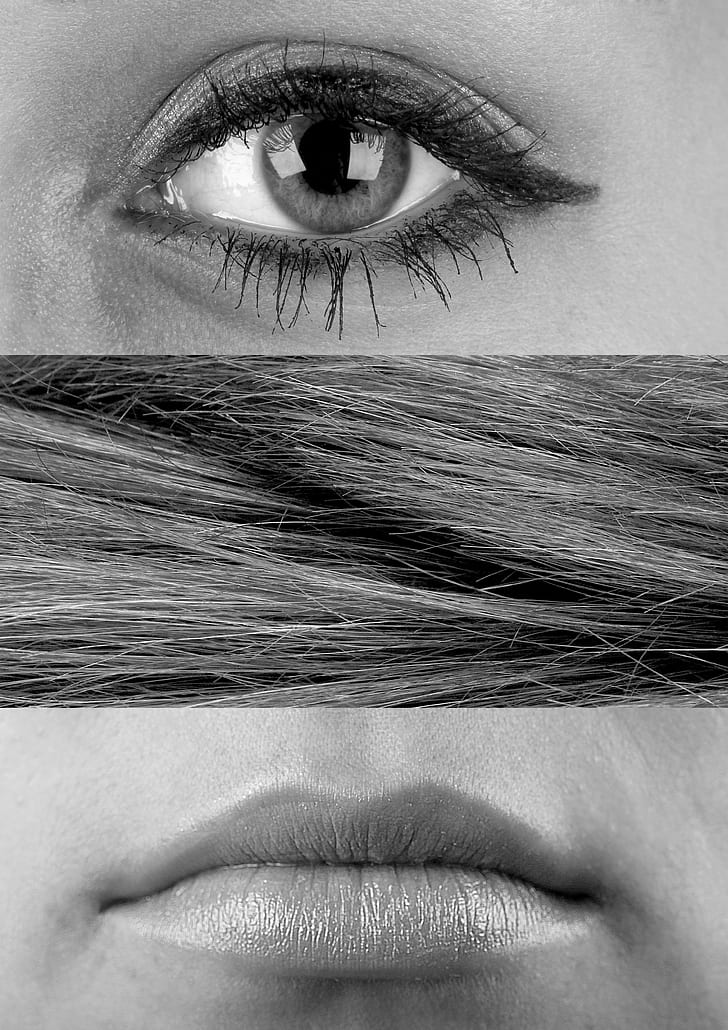gray scale photo of eye, hair and lips