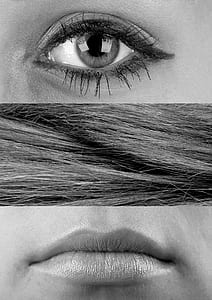 gray scale photo of eye, hair and lips