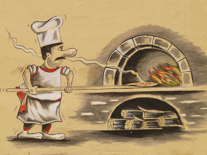 painting of chef cooking pizza