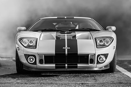 black and white photography of white Ford GT