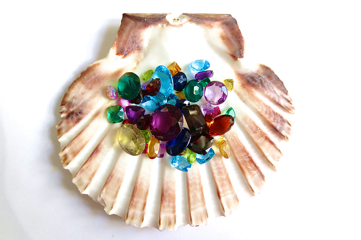 flat lay photography of rhinestones on top of clam shell